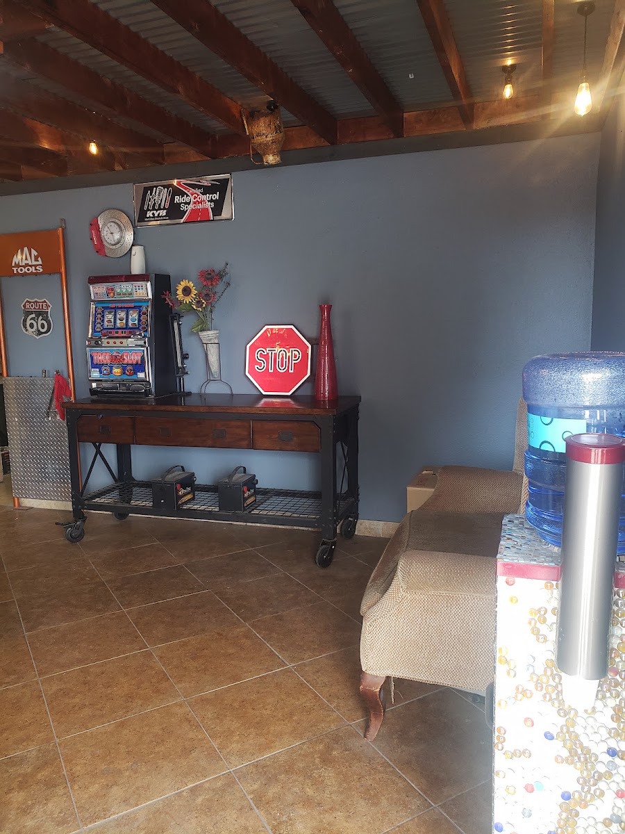 Customer waiting area with automotive decor